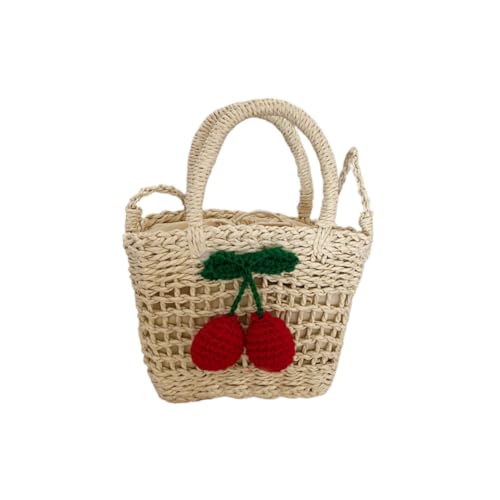 SAFIGLE Strapazierfähige Strohtasche mit Schulterriemen Tragbare Umhängetasche für Mädchen Handgewebte Outdoor Bag mit Kirschmotiv für Camping und Freizeit von SAFIGLE