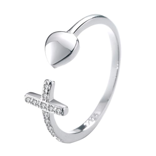 SAFIGLE Verstellbarer Offener Fingerring mit Herz und Kreuzdesign aus Sterling Silber Funkelnder Schmuck für Damen und Teenager Langlebiger Hautfreundlicher Modeschmuck von SAFIGLE