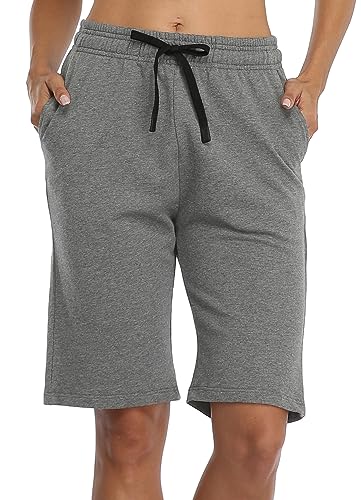 SAFORT Bermuda Shorts Damen Kurze Sporthose Baumwolle Laufshorts Sommer Knielang Pull auf Lounge Walking Übung Shorts mit Taschen, Hellgrau, L von SAFORT