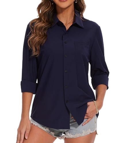 SAFORT Bluse Damen Langarmshirt Lässig Elegant Oberteile Hemd Langarm Einfarbig Arbeit Oberteile Shirts mit Tasche,Marineblau,M von SAFORT