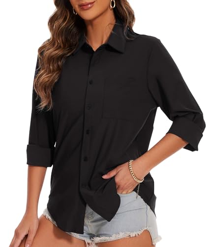 SAFORT Bluse Damen Langarmshirt Lässig Elegant Oberteile Hemd Langarm Einfarbig Arbeit Oberteile Shirts mit Tasche,Schwarz,XL von SAFORT