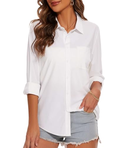 SAFORT Bluse Damen Langarmshirt Lässig Elegant Oberteile Hemd Langarm Einfarbig Arbeit Oberteile Shirts mit Tasche,Weiß,S von SAFORT