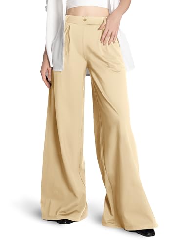 SAFORT Damen Stoffhose Einfarbig Wide Leg Elegante Hose mit Taschen Palazzo Elastisch Weite Lässig Causal Büro, 71cm, Khaki, L von SAFORT