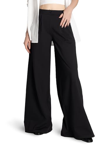 SAFORT Damen Stoffhose Einfarbig Wide Leg Elegante Hose mit Taschen Palazzo Elastisch Weite Lässig Causal Büro, 71cm, Schwarz, L von SAFORT