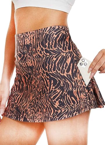 SAFORT Tennisröcke Damen mit Hose Plissee Tennis Skort Golf Röcke Workout Laufen Sport Athletic Skort Hohe Taille Skater Schule Minirock mit Taschen, Zebra Schwarz Orange Muster, L von SAFORT