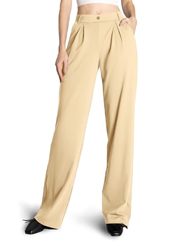 SAFORT Weite Hose Damen leicht Auzughose Damen Wide Leg Business Hose Damen Stoffhose Damen elegant Causal Freizeit Büro Office, 79cm, Khaki, L von SAFORT