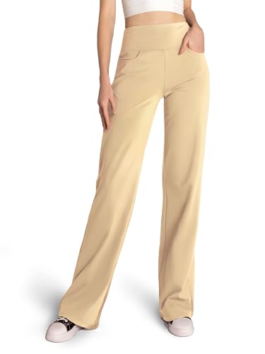 SAFORT Yogahose Damen mit Taschen Weite Hose Damen Jogginghose Damen weit Marlenehose Damen für Yoga Workout Training Freizeit, 71cm, Khaki, XXL von SAFORT