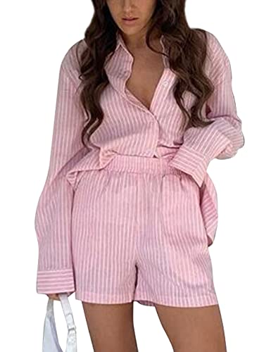 SAFRISIOR Damen 2 Stück Casual Trainingsanzug Outfit Sets Streifen Langarm Hemd und Lose Hohe Taille Mini Shorts Set, Pink-b, S von SAFRISIOR