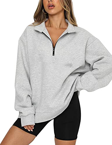 SAFRISIOR Damen Oversized Half Zip Sweatshirt Drop Shoulder Long Sleeves Collar Quarter 1/4 Zipper Pullover, GRAU, M von SAFRISIOR