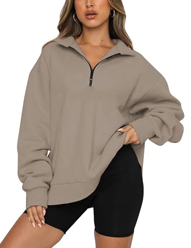 SAFRISIOR Damen Oversized Half Zip Sweatshirt Drop Shoulder Lange Ärmel Kragen Viertel 1/4 Reißverschluss Pullover, Kaffeegrau, S von SAFRISIOR