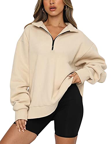 SAFRISIOR Damen Oversized Half Zip Sweatshirt Drop Shoulder Long Sleeves Collar Quarter 1/4 Zipper Pullover, aprikose, L von SAFRISIOR