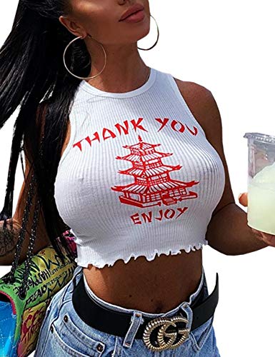 SAFRISIOR Damen Sexy Thank You Enjoy Printed Tower Graphic Skinny Slim Streetwear Sleeveless Crop Tank Top - Weiß - Klein von SAFRISIOR