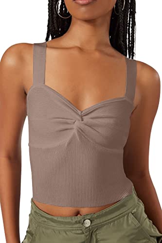 SAFRISIOR Damen Sweetheart Neck Twist Knot Crop Tank Top Ärmellos Rückenfrei Strick Crop Weste Top Solid Sweater Vest 90er Jahre, Taupe, Klein von SAFRISIOR