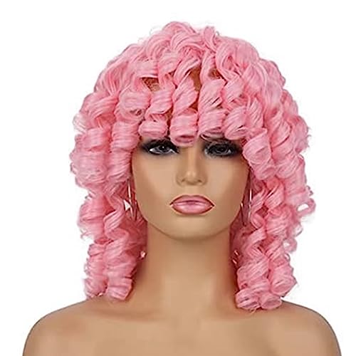 14 Zoll for Frauen, weiche lockige Perücke mit Pony, lockige Kunstfaser-Perücke, Damen-Halloween-Kostüme, Cosplay-Perücken for Frauen (Color : Pink) von SAFWEL