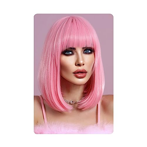 Kurze Bob-Perücke for Damen, gerade, schwarze Spitze vorne, natürliche Farbform, for Halloween, Cosplay und jeden anderen Anlass (Color : Pink) von SAFWEL