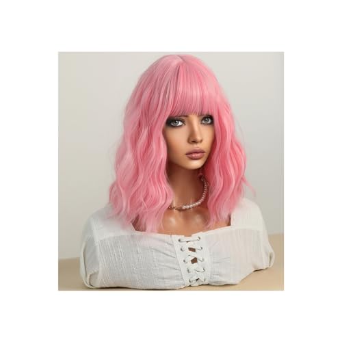 Natürliche, hübsche Haarperücken, leicht gelockte modische Perücke und Damen-Kurzhaarperücken for tägliche Partys, jeder Halloween-Geschenk (Color : Pink, Size : 37cm/14.5in) von SAFWEL