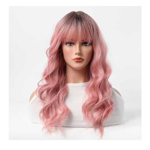 Weiche Langhaar-Perücke, stilvolle Locken-Perücke und natürliche Wellen, hitzebeständiges Haar for Frauen, Themenpartys, Hochzeiten, Verabredungen, Geschenk (Color : Pink, Size : 63cm/24in) von SAFWEL