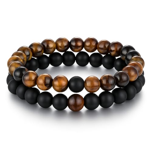 SAGA GIOIELLI® Armband für Damen und Herren mit Natursteinen, Tigerauge und mattschwarzem Onyx – Set mit 2 elastischen Armbändern – Perlen à 8 mm – Energie, Schutz und eleganter Stil – Geschenkbox von SAGA GIOIELLI