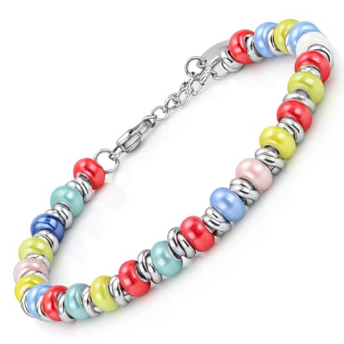 SAGA GIOIELLI Armband Damen – Herren – Unisex mit geflochtenen Knoten und bunten Perlen aus Keramik – Edelstahl – verstellbar mit Länge 17,5 cm + 3 cm – Geschenkidee von SAGA GIOIELLI