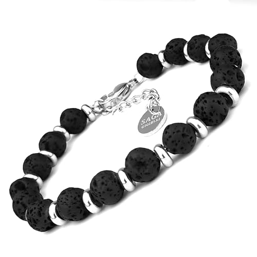 SAGA GIOIELLI Armband mit schwarzen Lavaperlen und Details in Gold, elegantes Schmuckstück mit Karabinerverschluss, Länge 18 + 3 cm, 20.0 Centimetri, Gold Lavastein Goldfarben, Lavastein von SAGA GIOIELLI