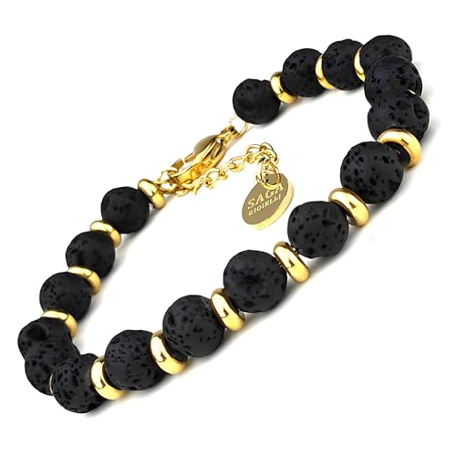 SAGA GIOIELLI Armband mit schwarzen Lavaperlen und Details in Gold, elegantes Schmuckstück mit Karabinerverschluss, Länge 18 + 3 cm, 20.0 Centimetri, Gold Lavastein Goldfarben, Lavastein von SAGA GIOIELLI