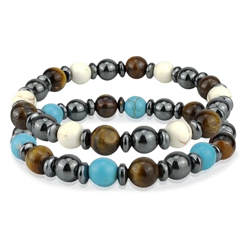 SAGA GIOIELLI Armband für Herren und Damen mit Natursteinen, Tigerauge, mattschwarz, Malachit, Set mit 2 elastischen Armbändern, 8 mm Perlen, Energie, Schutz und eleganter Stil, Geschenk, Medium von SAGA GIOIELLI