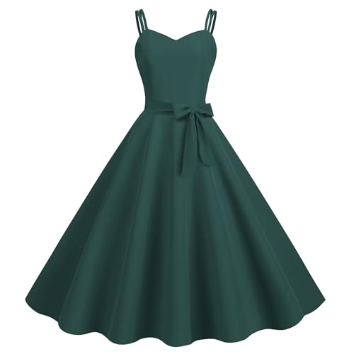 Damen 50er Jahre Vintage Kleid Spaghettiträger Rockabilly Midikleid Swing Prinzessin Teeparty A Linie Audrey Hepburn 50er 60er Jahre Party Tanzkleid mit Gürtel Grün S von SAGESWA