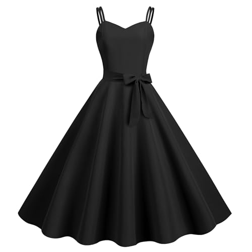 Damen 50er Jahre Vintage Kleid Spaghettiträger Rockabilly Midikleid Swing Prinzessin Teeparty A Linie Audrey Hepburn 50er 60er Jahre Party Tanzkleid mit Gürtel Schwarz Xs von SAGESWA