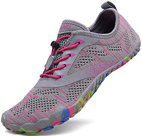 Barfussschuhe Frauen Schnell Trocknend Trail Laufschuhe Damen Leicht Fitnessschuhe Barfuß Zehen Sport Outdoor Schuhe Fliegender Stoff Rosa Gr.36 von SAGUARO