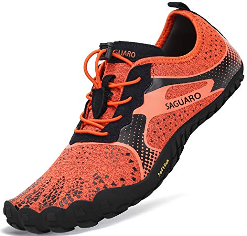 Barfussschuhe Frauen Schnell Trocknend Trail Laufschuhe Herren Leicht Fitnessschuhe Damen Barfuß Zehen Sport Outdoor Schuhe Männer Orange Gr.37 von SAGUARO