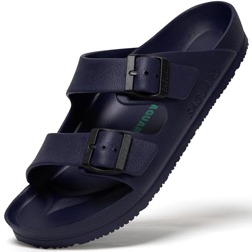 Herren Bequeme Pantoffeln Atmungsaktiv Soft Damen Clogs Sommer Luftig Slippers EVA Rutschfest Flexibel Komfort Sohle Flache Beiläufig Mode Bades Hausschuhe Drinnen Draußen, Haus Dunkelblau 37 EU von SAGUARO