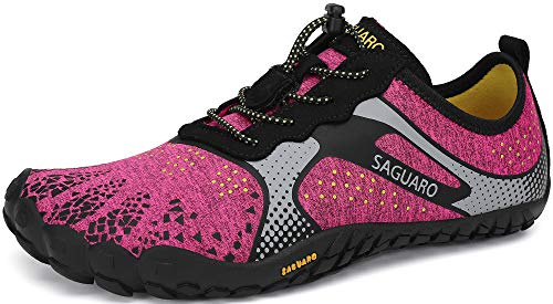 SAGUARO Barfußschuhe Damen Barfussschuhe Traillaufschuhe Zehen Training Joggen Fitnessschuhe Outdoor Sport Barfuss Wanderschuhe Atmungsaktiv Schnell Trocknend Badeschuhe, Fuschia Red, 37 EU von SAGUARO