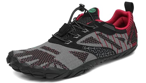 SAGUARO Barfußschuhe Herren Damen Barfussschuhe Traillaufschuhe Zehen Training Fitnessschuhe Outdoor Barfuss Wanderschuhe Atmungsaktiv Schnell Trocknend Badeschuhe, Rot schwarz, 45 EU von SAGUARO