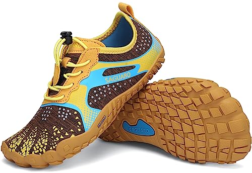 SAGUARO Barfussschuhe Kinder Aquaschuhe Jungen Trainingsschuhe Mädchen Laufschuhe Fitnessschuhe Schnell Trocknend Badeschuhe Gelb A Gr.25 von SAGUARO