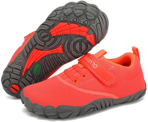 SAGUARO Barfussschuhe Kinder Barfußschuhe Jungen Mädchen Traillaufschuhe Leicht Bequeme Barfuß Laufschuhe rutschfest Atmungsaktiv Zehenschuhe mit Klettverschluss, Leuchtendes Korallenrot, 34 EU von SAGUARO