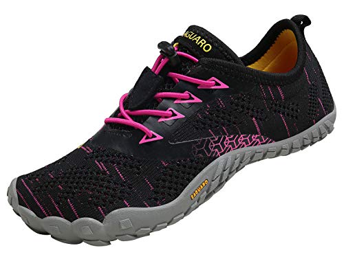 SAGUARO Damen Outdoor Fitnessschuhe Barfußschuhe rutschfest Straßenlaufschuhe Trekking Traillaufschuhe Walkingschuhe,Stricken Schwarz Rot,37 von SAGUARO