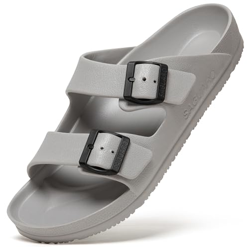 SAGUARO Herren Zehentrenner Hausschuhe Damen Sandalen Sommer Eva Pantoletten Flach Clogs Strand Slippers Hellgrau 42 von SAGUARO