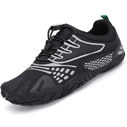 SAGUARO Kinder Barfußschuhe Jungen Sportschuhe Atmungsaktiv Freizeitschuhe Mädchen rutschfest Traillaufschuhe Outdoorschuhe Leicht Sommer Sport Badeschuhe Unisex,Schwarz/grau 24 EU von SAGUARO