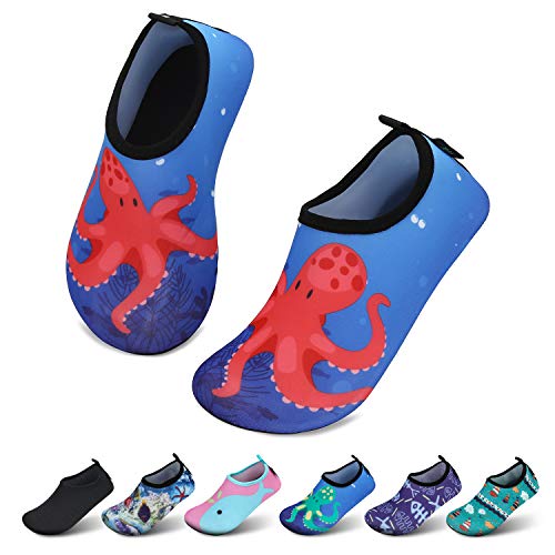 SAGUARO Kinder Badeschuhe Jungen Aquaschuhe Mädchen Schnell Trocknend Strandschuhe Atmungsaktiv Wasserschuhe Surf Yoga Neoprenschuhe,Dunkelblau Octopus,Gr.22/23 EU von SAGUARO