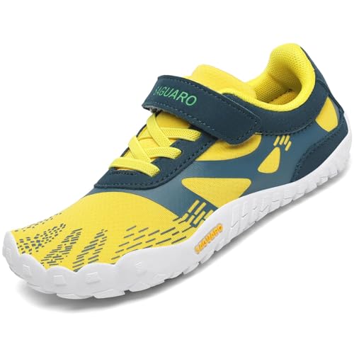 SAGUARO Kinder Barfußschuhe Jungen Atmungsaktiv Traillaufschuhe für Mädchen Sommer Unisex Zehenschuhe Outdoor rutschfest Freizeitschuhe Gelb 28 EU von SAGUARO