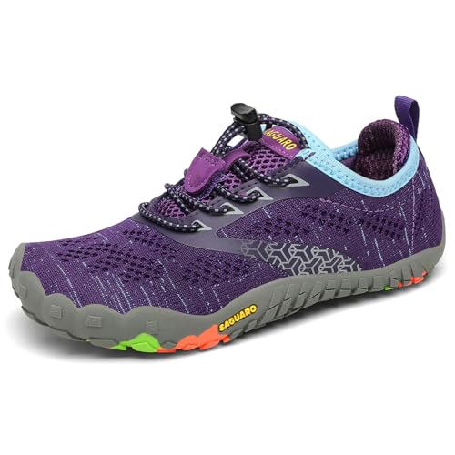 SAGUARO Kinder Barfußschuhe Traillaufschuhe Jungen Mädchen Trainingsschuhe Zehenschuhe Atmungsaktiv rutschfest Walkingschuhe Laufschuhe Schnell Trocknend Badeschuhe, Lila 29 EU von SAGUARO