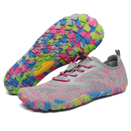SAGUARO Knit Barfuss Schuhe Damen Herren Barfußschuhe Barfussschuhe Outdoor Fitnessschuhe Barefoot Shoes Straßenlaufschuhe Mit Zero-Drop Solhe,Smart II - Barfußschuhe Grau Rosa,Gr.38 von SAGUARO
