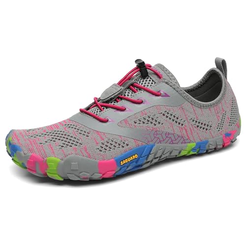 SAGUARO Barfußschuhe Damen Fitnessschuhe Herren Barfussschuhe Schnell Trocknend Traillaufschuhe rutschfest Unisex Aquaschuhe Atmungsaktiv Leicht Sommer Outdoor Wasserschuhe Rosagrau 37 EU von SAGUARO