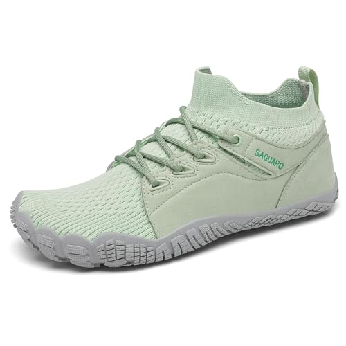 SAGUARO Unisex Barfußschuhe für Herren Damen Fitnessschuhe Atmungsaktiv rutschfest Traillaufschuhe Mid Top Zehenschuhe mit Breite Zehenbox Grün 42 EU von SAGUARO