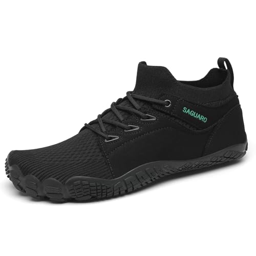 SAGUARO Unisex Barfußschuhe für Herren Damen Fitnessschuhe Atmungsaktiv rutschfest Traillaufschuhe Mid Top Zehenschuhe mit Breite Zehenbox Schwarz 37 EU von SAGUARO