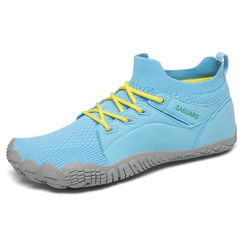SAGUARO Unisex Barfußschuhe für Herren Damen Fitnessschuhe Atmungsaktiv rutschfest Traillaufschuhe Mid Top Zehenschuhe mit Breite Zehenbox Türkis 46 EU von SAGUARO