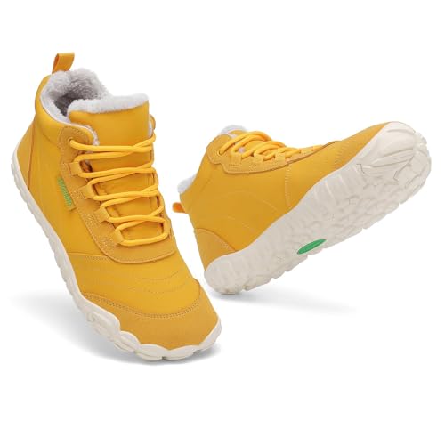 SAGUARO Barfuss Schuhe Damen Winter Barfußschuhe Winterschuhe Gefüttert Winterstiefel Wasserabweisend Winterboots Schneeschuhe für Winterspaziergänge & Leichte Wanderungen Gelb, Gr.42 von SAGUARO