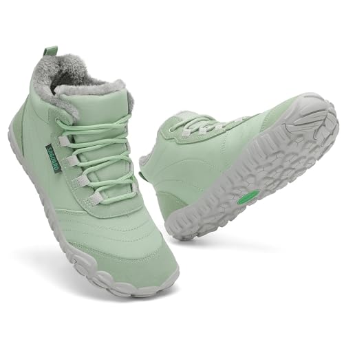 SAGUARO Barfuss Schuhe Damen Winter Barfußschuhe Winterschuhe Gefüttert Winterstiefel Wasserabweisend Winterboots Schneeschuhe für Winterspaziergänge & Leichte Wanderungen Grün, Gr.41 von SAGUARO