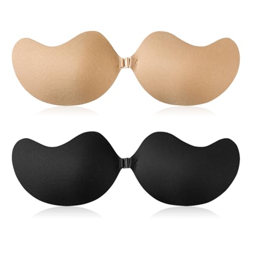 SAIIURV 2 Paar Klebe BH Push Up, Unsichtbar Push up Klebe BH, Trägerloser, Sticky Bra, Wiederverwendbare Klebebh, Invisible Bra für Abendkleid Brautkleid Badeanzug und Rückenfreie (Schwarz, Nackt) von SAIIURV