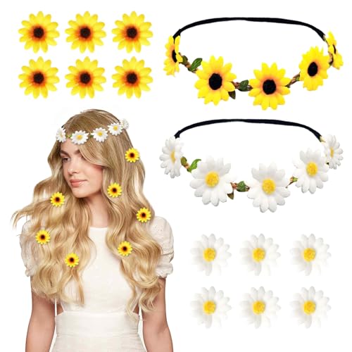 SAIIURV 2 Stück Blumenkranz Sonnenblume Haare mit 12 Stück Gänseblümchen Haarspangen, Sonnenblumen Haarreif Blumen Haarschmuck für Damen Mädchen, Floral Hippie Accessoires für Fasching Party Cosplay von SAIIURV